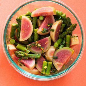 ideal diet for summer in California, USA - watermelon radish and aspagarus salad