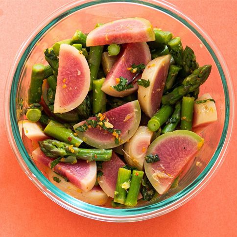 ideal diet for summer in California, USA - watermelon radish and aspagarus salad